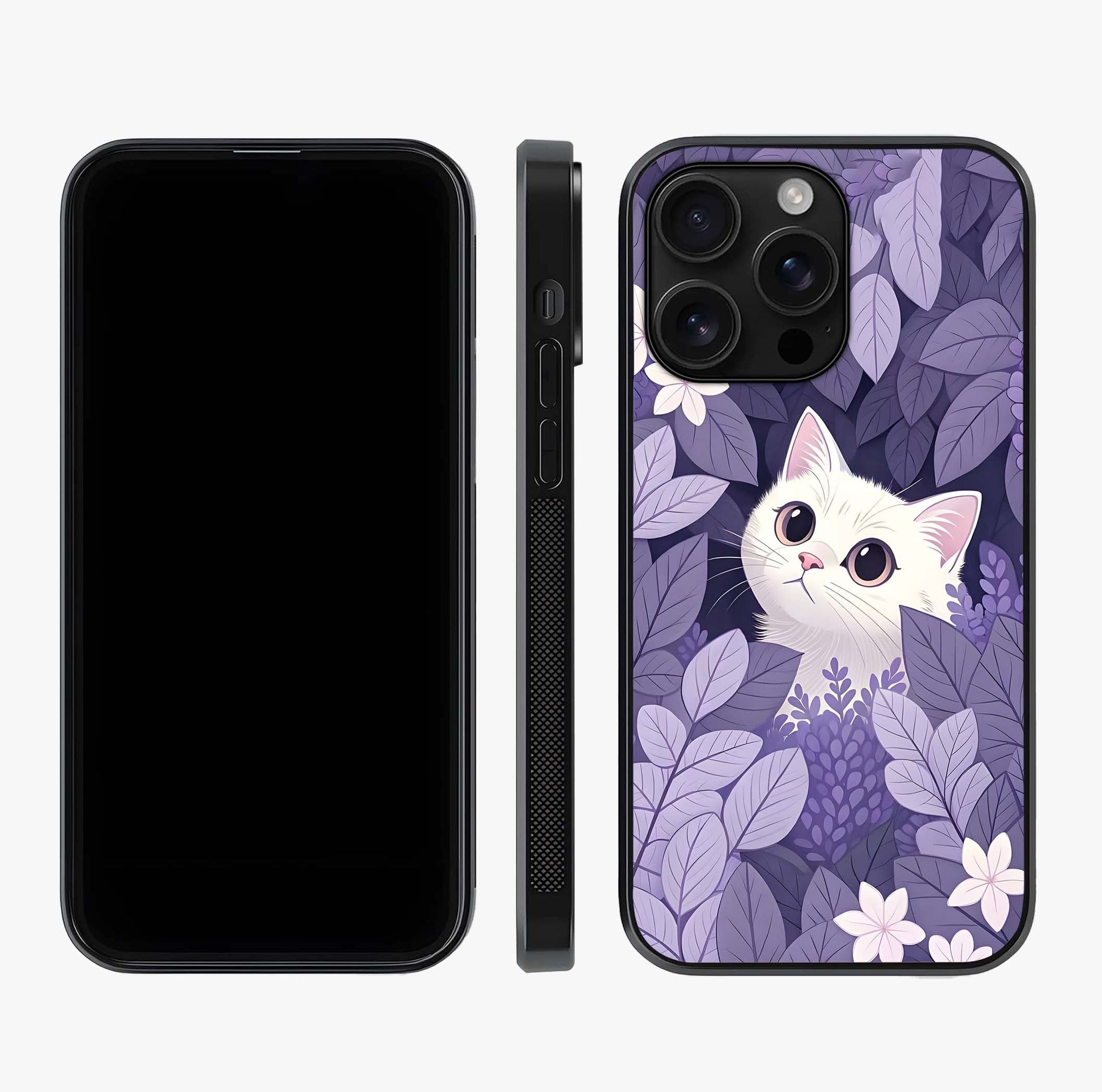 Lilac Hide Peek Cat Glass Case displayed upright for full design visibility and premium finish.