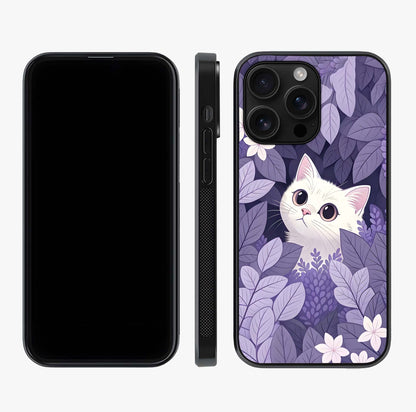 Lilac Hide Peek Cat Glass Case displayed upright for full design visibility and premium finish.