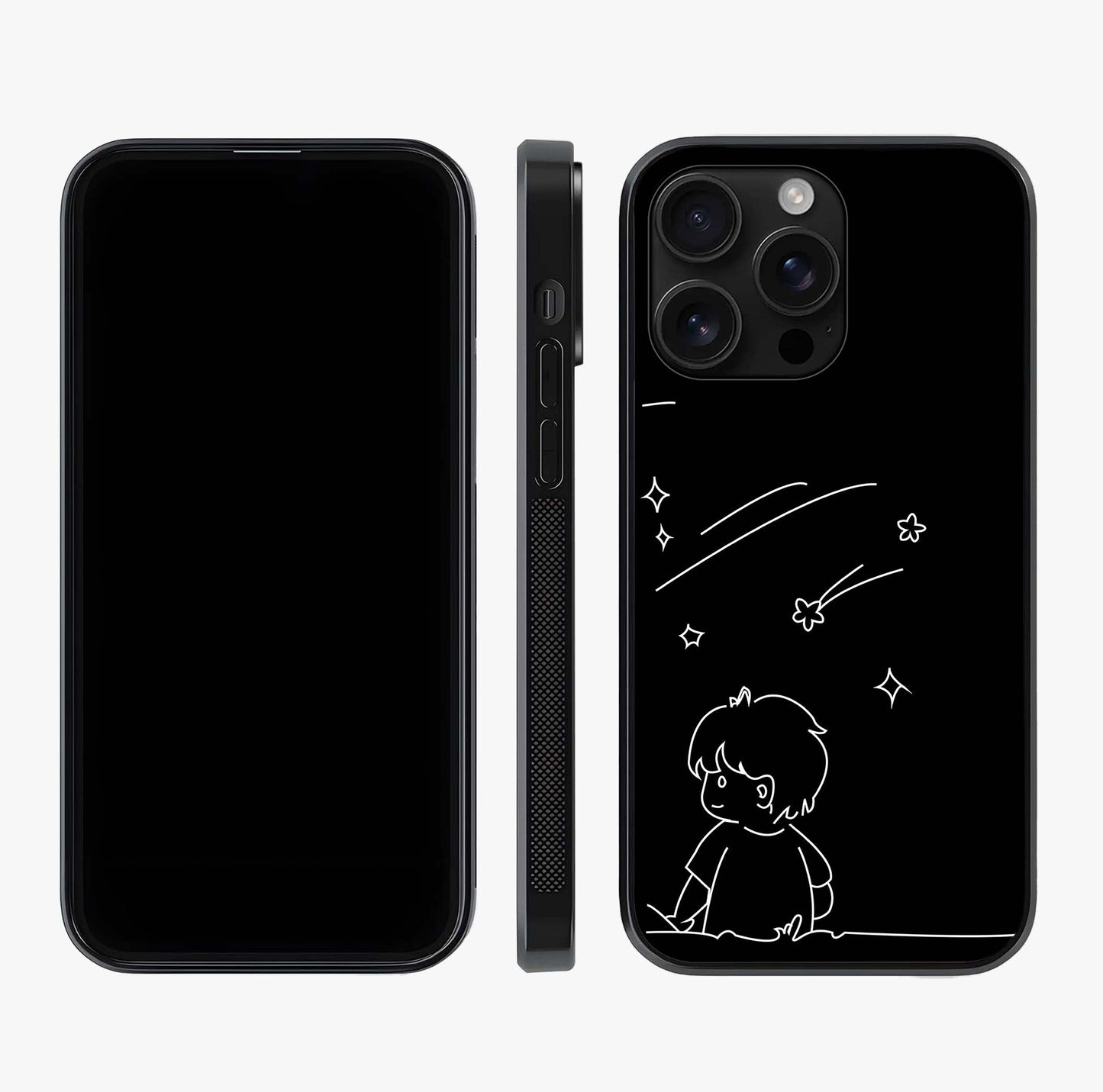 Line Art Boy With Shooting Stars Glass Case displayed upright for full design visibility and premium finish.