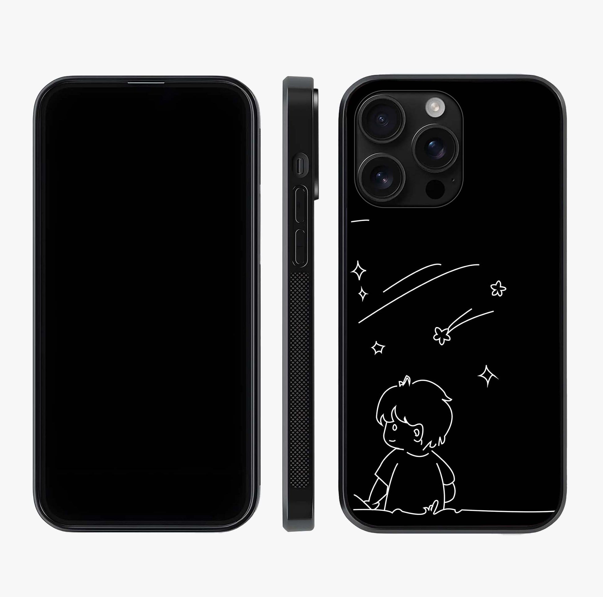 Line Art Boy With Shooting Stars Glass Case displayed upright for full design visibility and premium finish.