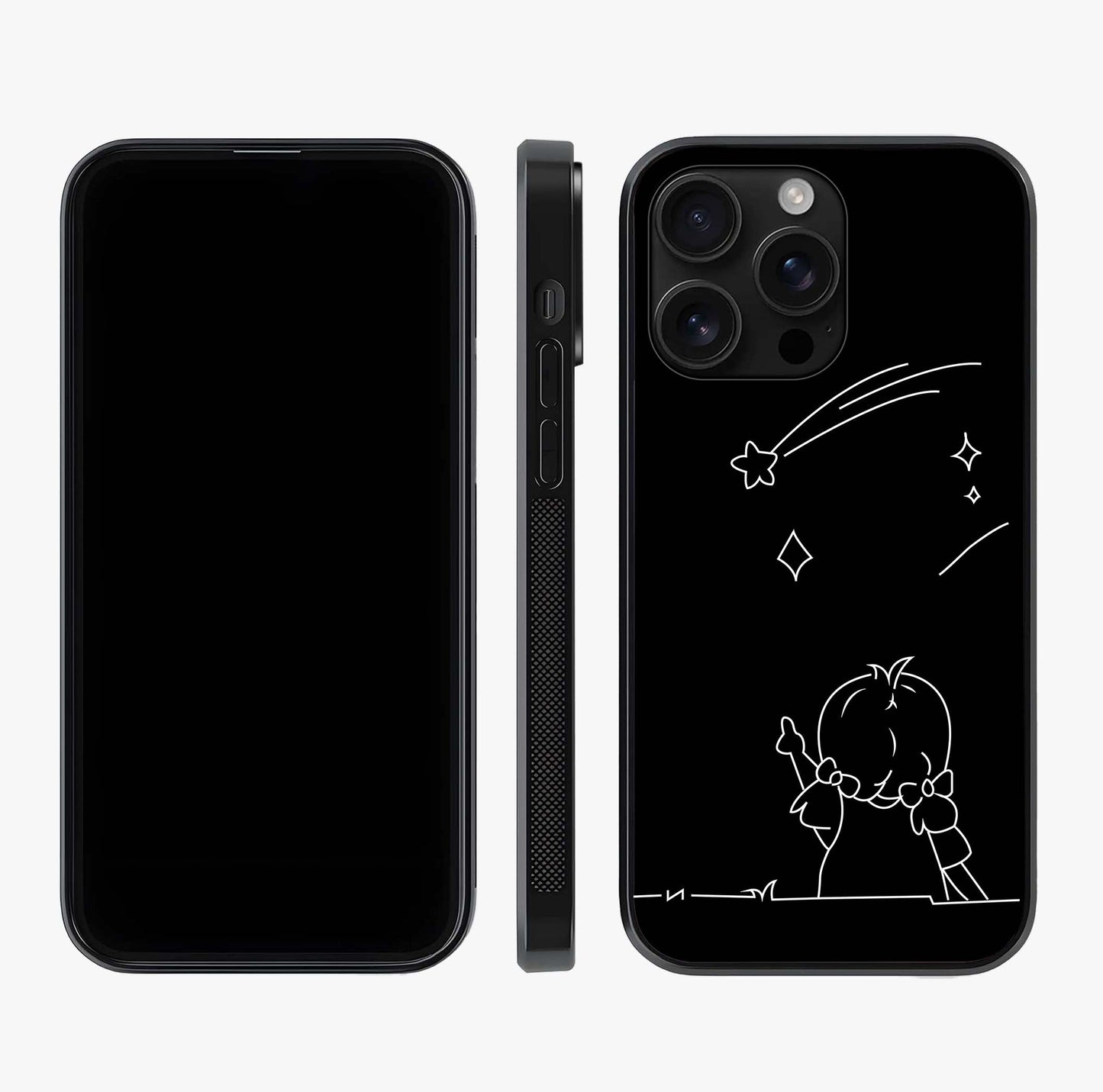 Line Art Girl With Shooting Stars Glass Case displayed upright for full design visibility and premium finish.