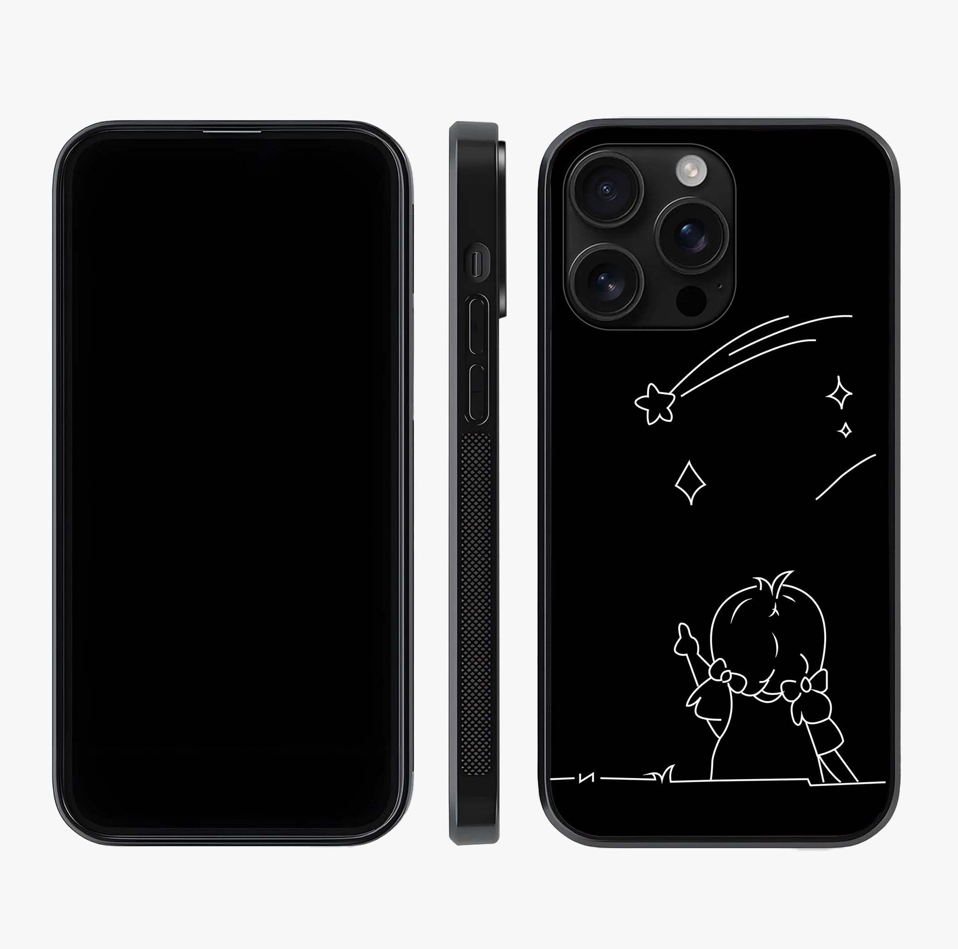 Line Art Girl With Shooting Stars Glass Case displayed upright for full design visibility and premium finish.