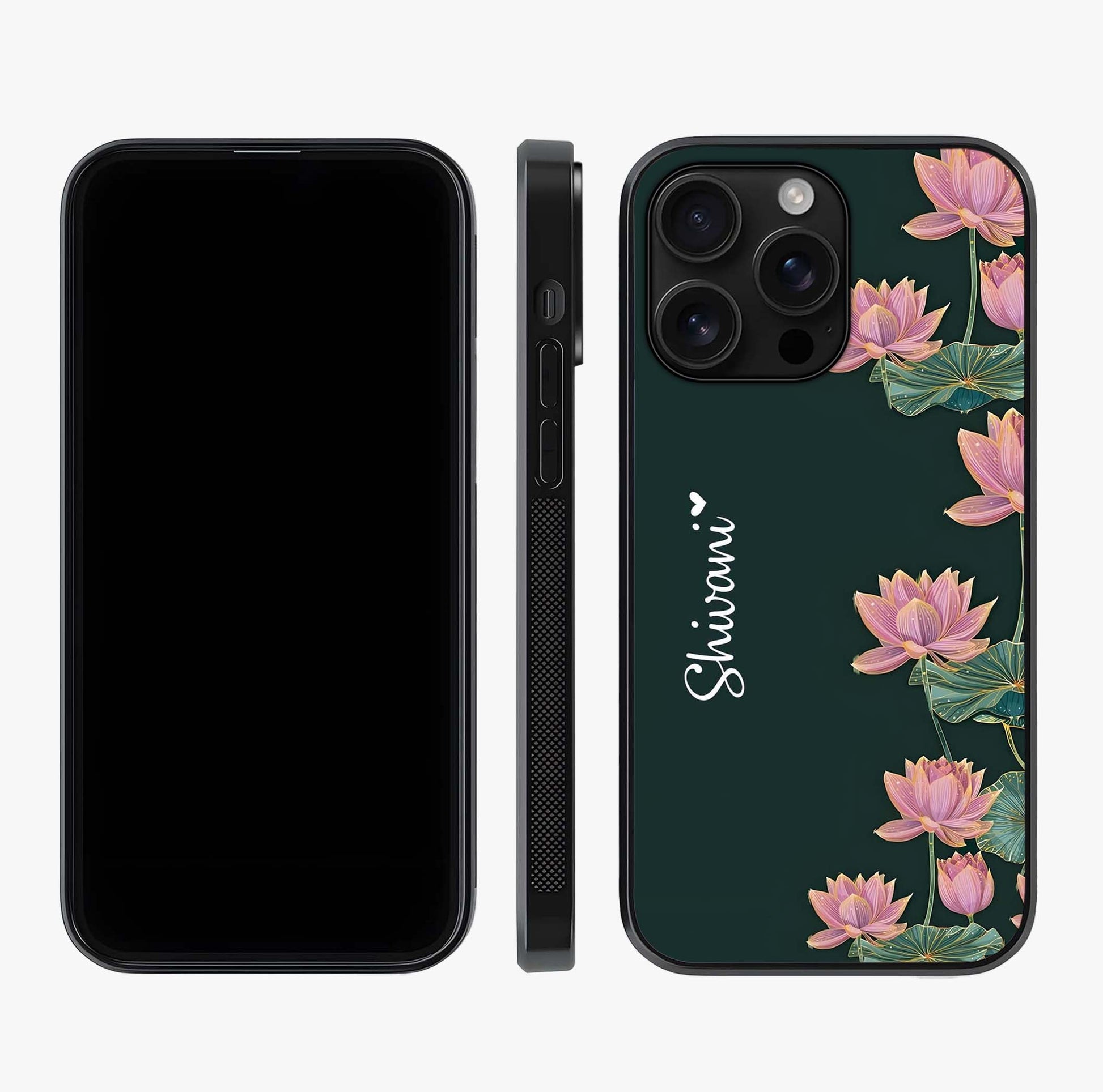 Lotus Bloom Serenity Custom Name Glass Case displayed upright for full design visibility and premium finish.