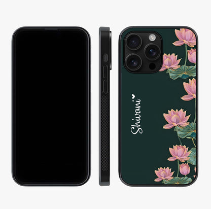 Lotus Bloom Serenity Custom Name Glass Case displayed upright for full design visibility and premium finish.