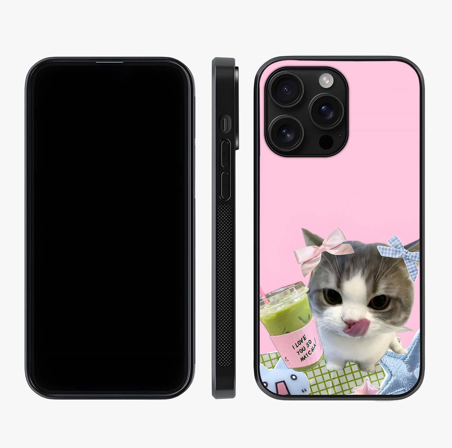 Love Matcha Cat Glass Case displayed upright for full design visibility and premium finish.