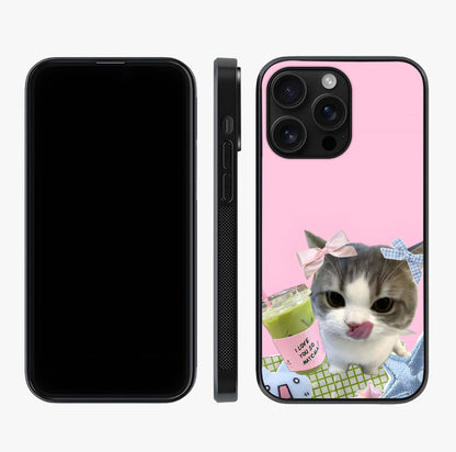 Love Matcha Cat Glass Case displayed upright for full design visibility and premium finish.