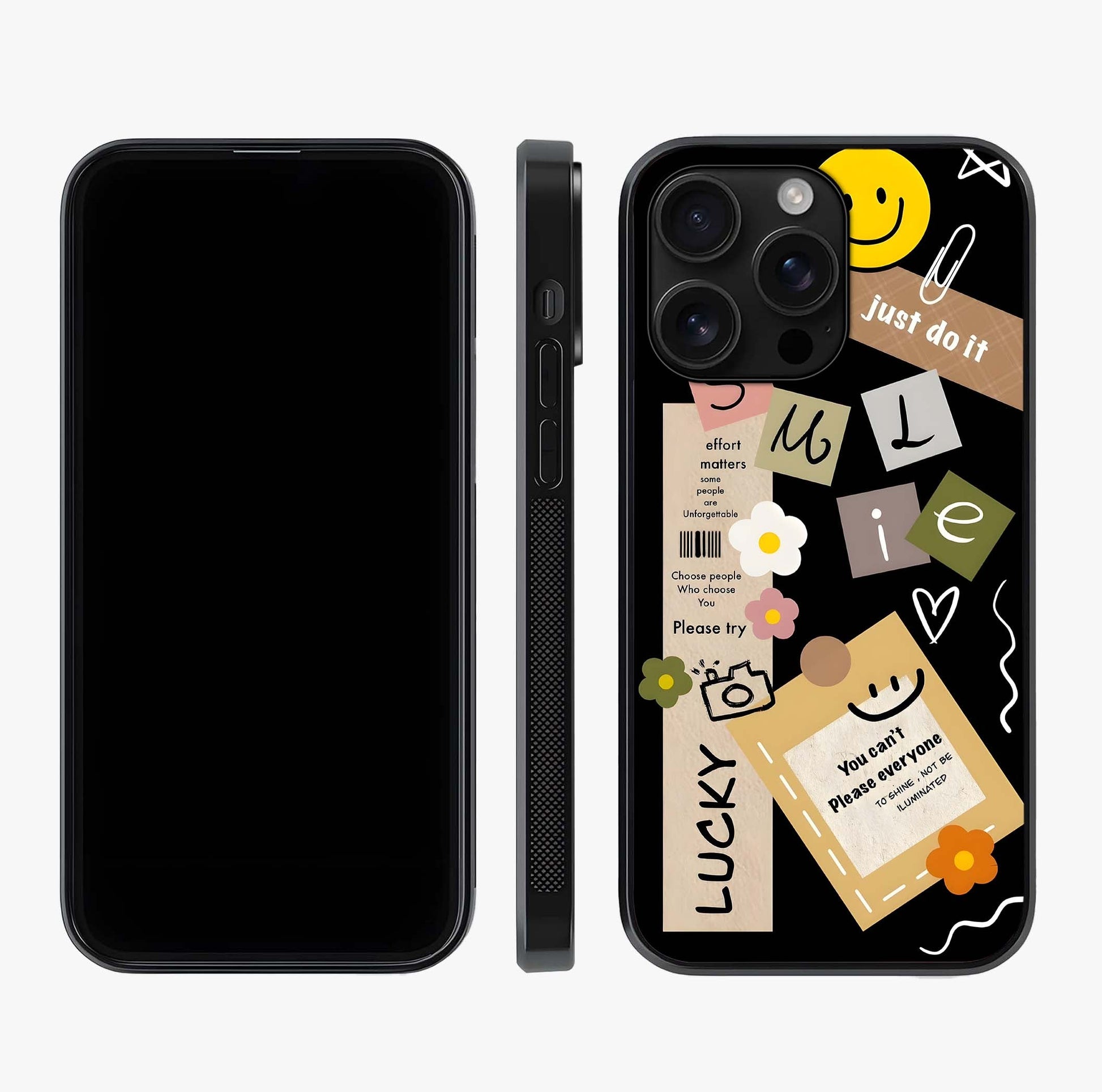 Lucky Aesthetic Collage Glass Case displayed upright for full design visibility and premium finish.