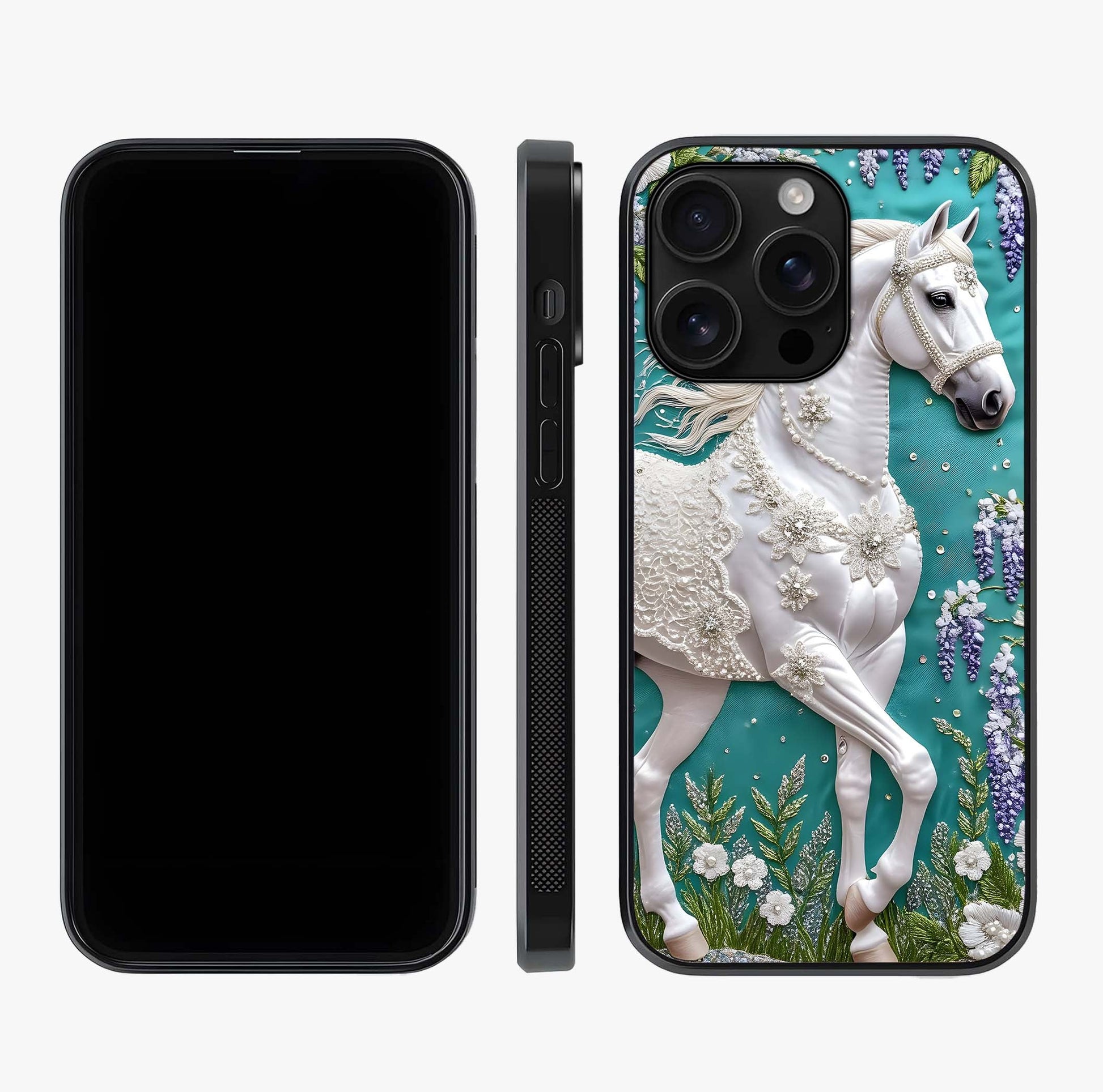 Majestic Floral Stallion Glass Case displayed upright for full design visibility and premium finish.