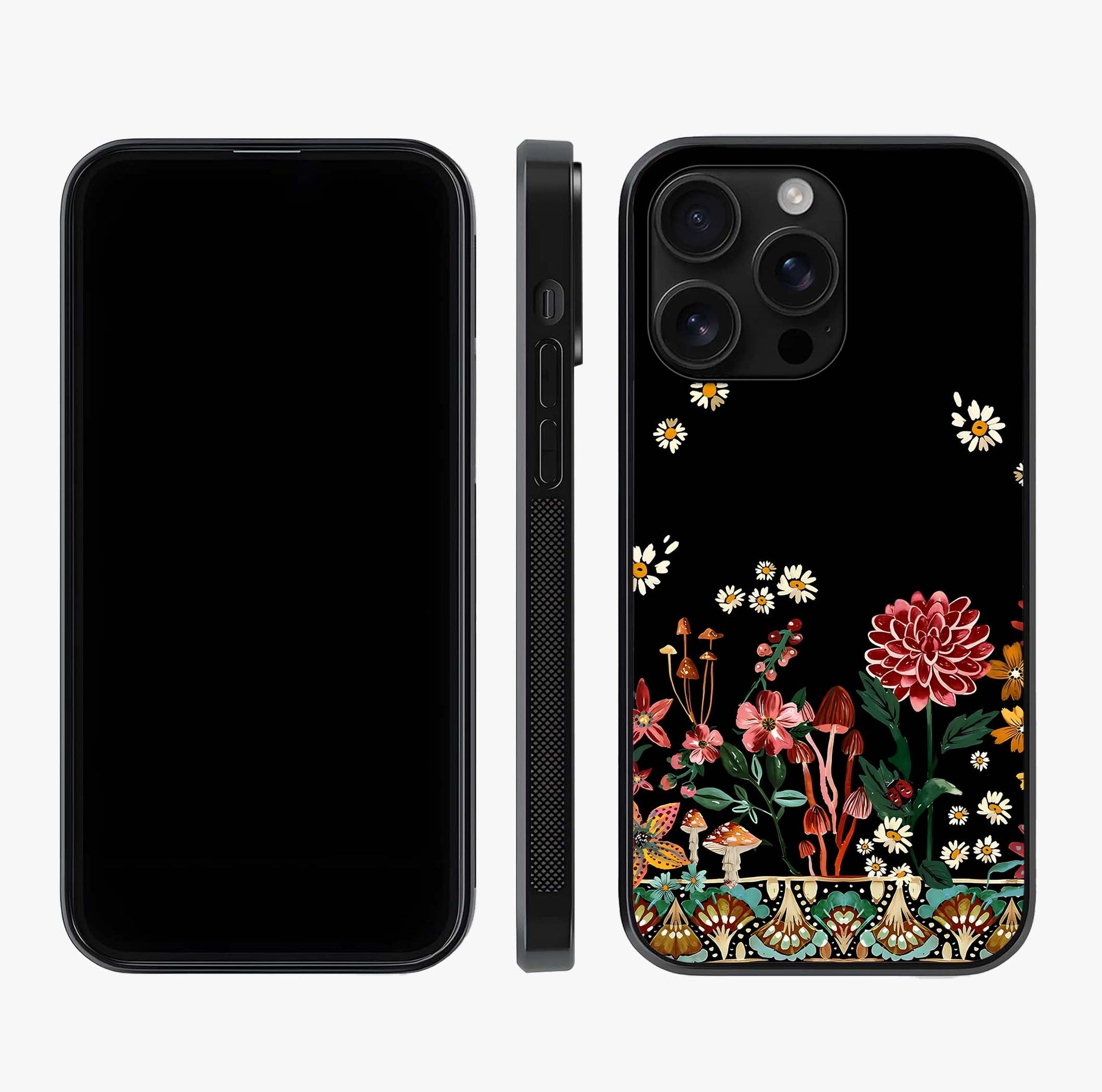 Midnight Bloom Pattern Glass Case displayed upright for full design visibility and premium finish.