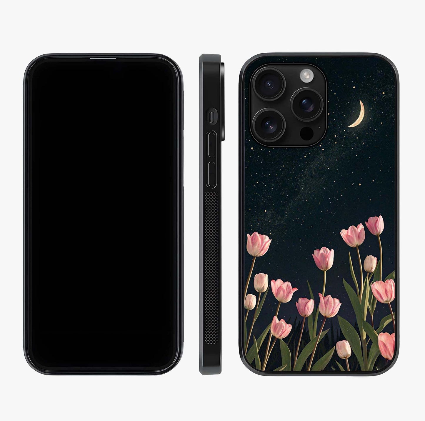 Midnight Tulip Whispers Vibe Glass Case displayed upright for full design visibility and premium finish.