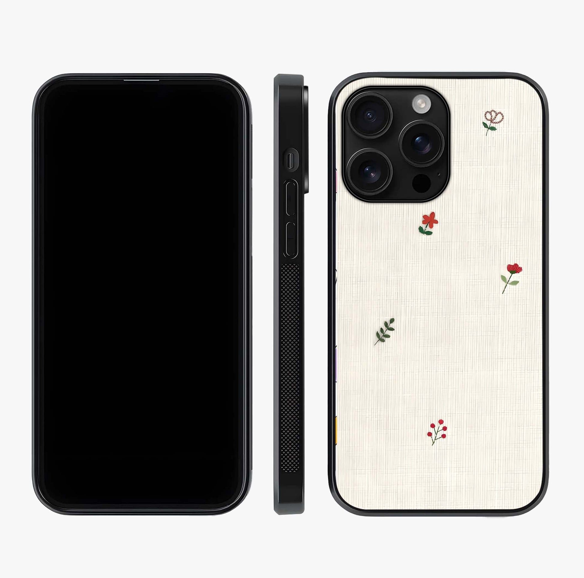 Minimal Petal Whispers Glass Case displayed upright for full design visibility and premium finish.