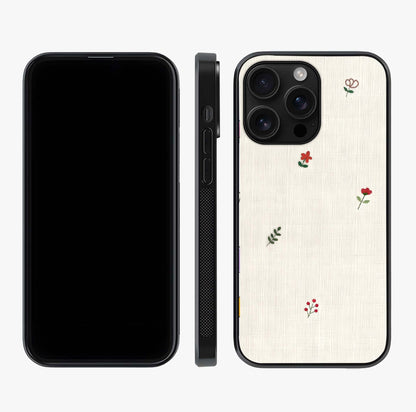 Minimal Petal Whispers Glass Case displayed upright for full design visibility and premium finish.