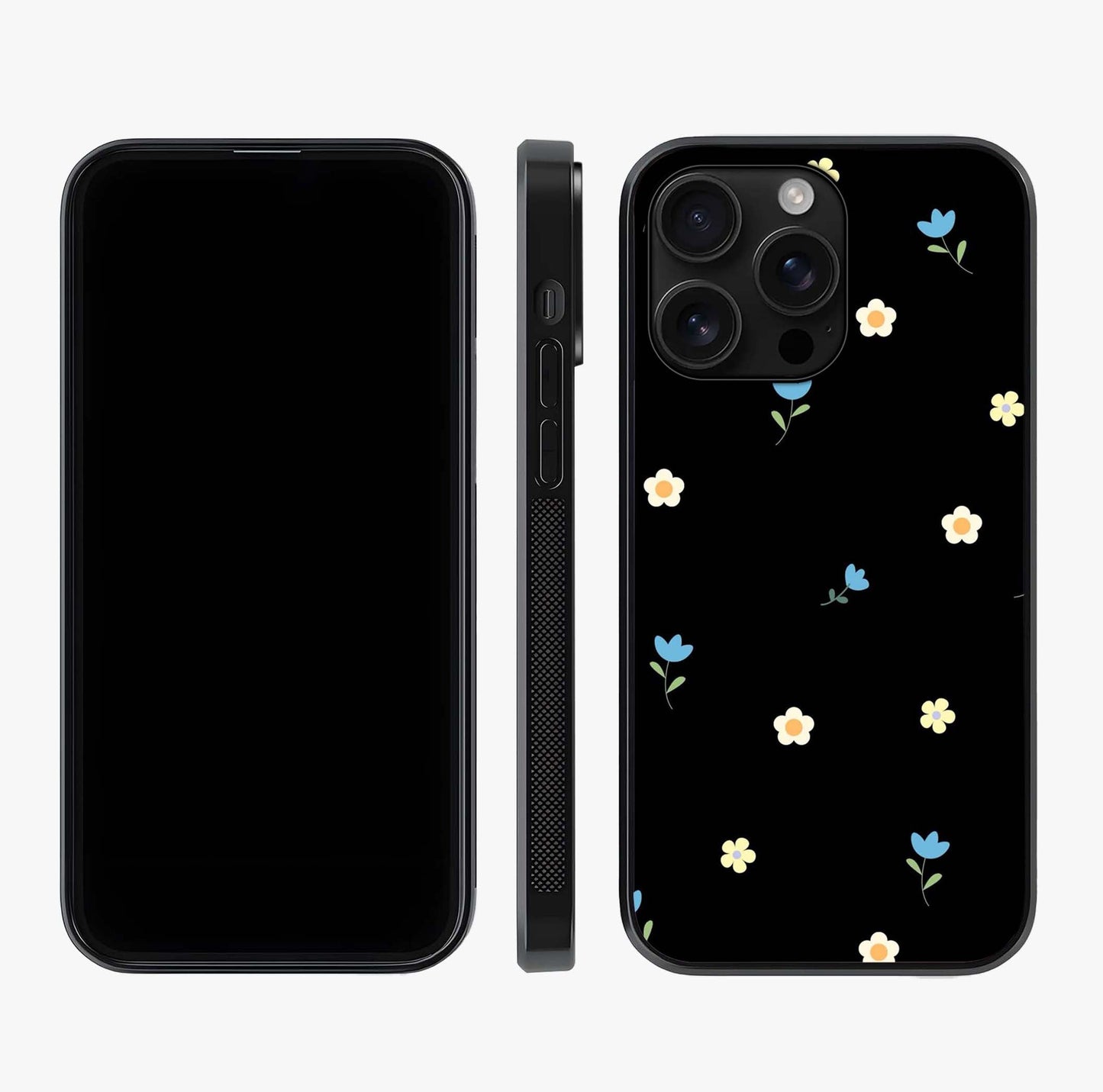 Minimalistic Blue With White Flower Pattern Glass Case displayed upright for full design visibility and premium finish.