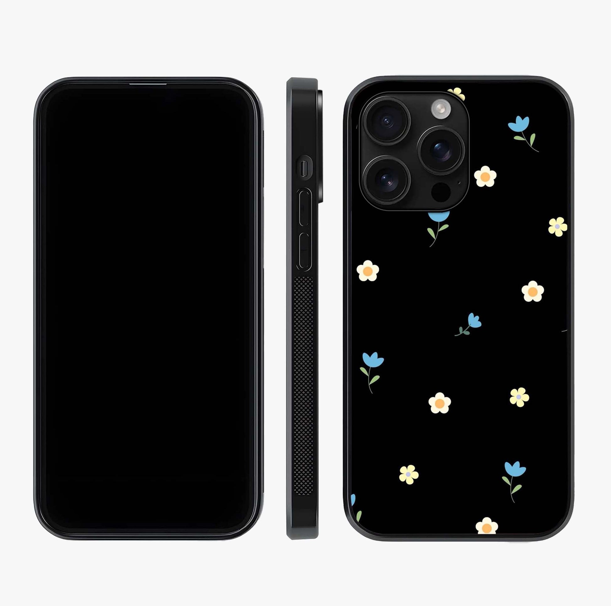 Minimalistic Blue With White Flower Pattern Glass Case displayed upright for full design visibility and premium finish.