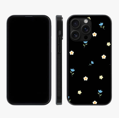 Minimalistic Blue With White Flower Pattern Glass Case displayed upright for full design visibility and premium finish.
