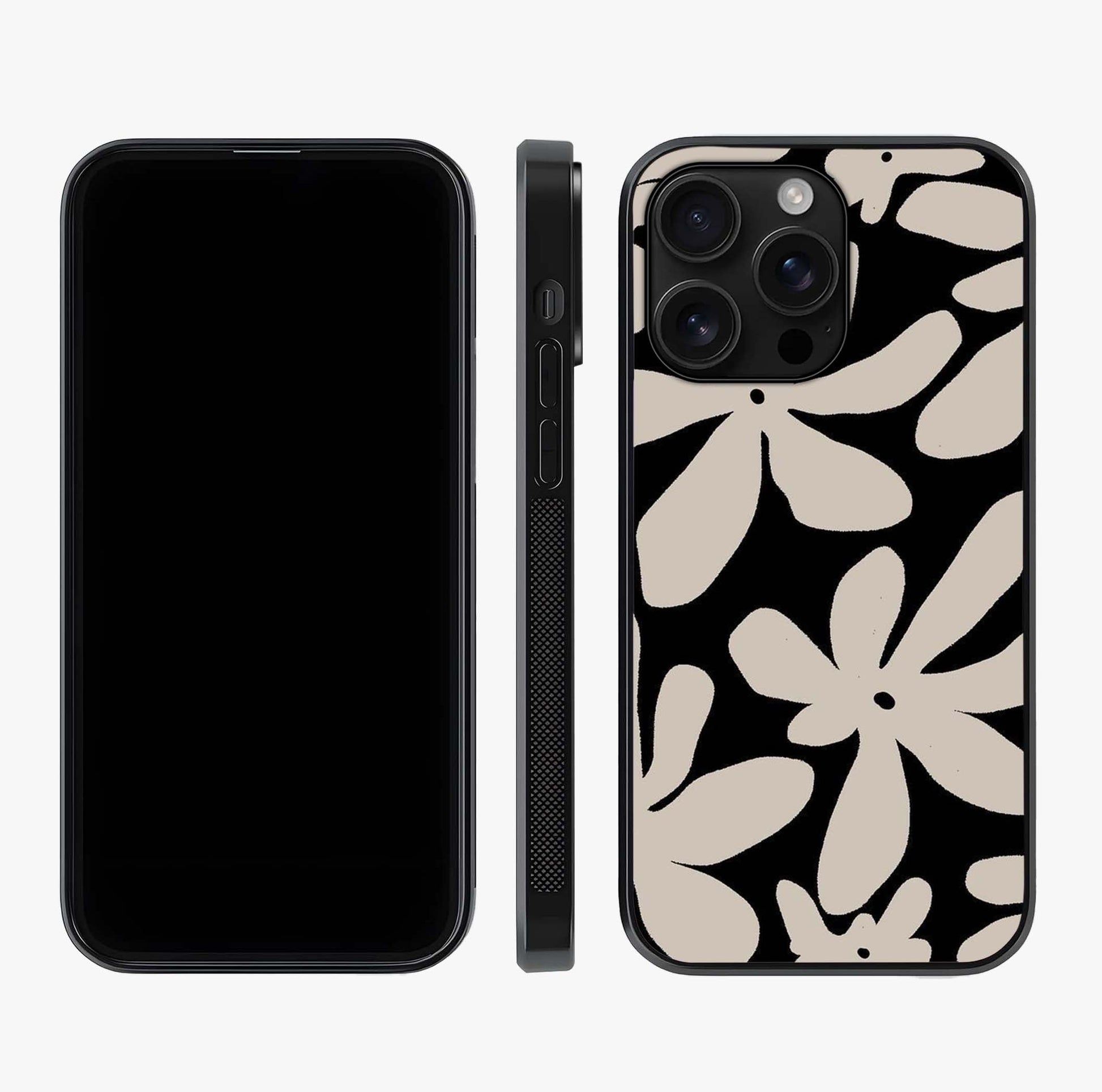 Monochrome Petal Dance Glass Case displayed upright for full design visibility and premium finish.