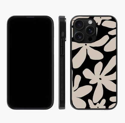 Monochrome Petal Dance Glass Case displayed upright for full design visibility and premium finish.