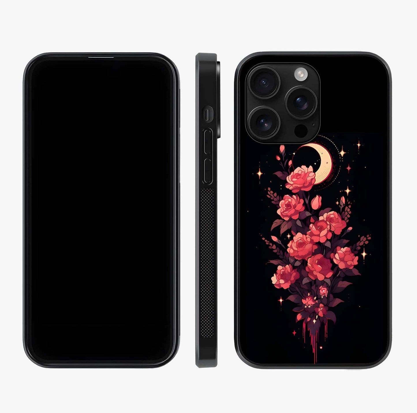 Moonlit Floral Elegance Glass Case displayed upright for full design visibility and premium finish.