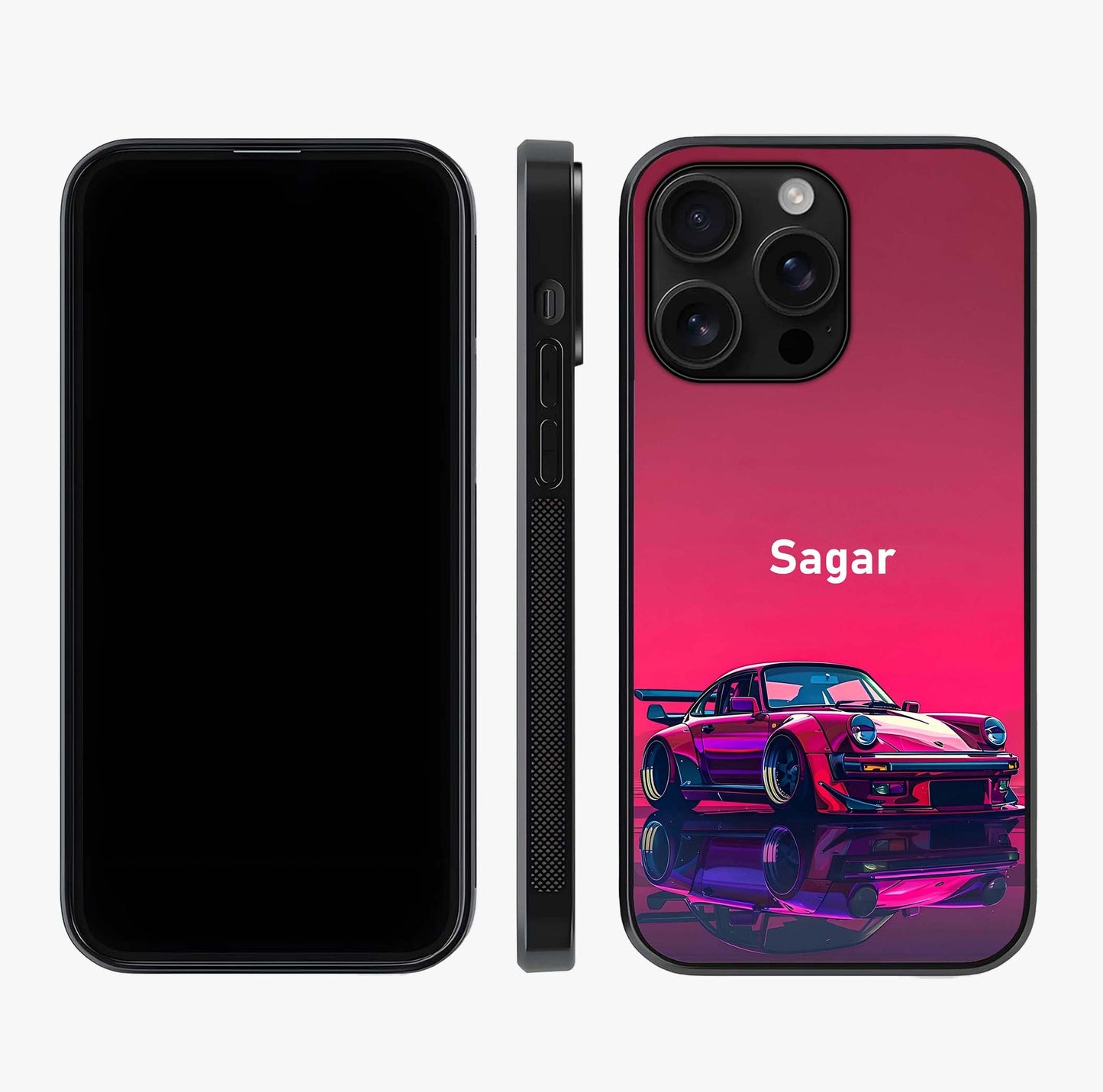 Neon Pink Porsche Glass Case displayed upright for full design visibility and premium finish.