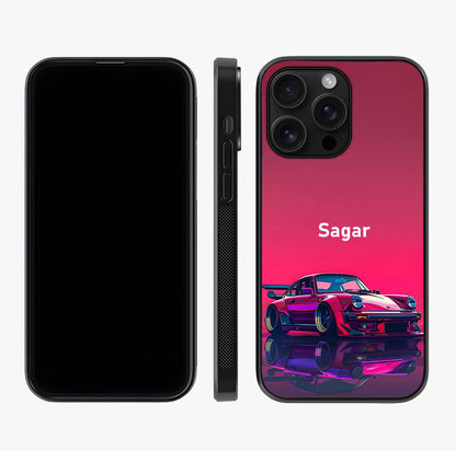 Neon Pink Porsche Glass Case displayed upright for full design visibility and premium finish.
