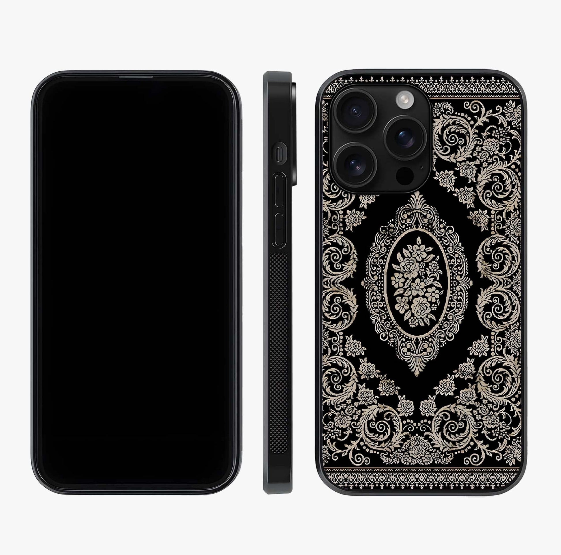 Noir Bloom Elegance Glass Case displayed upright for full design visibility and premium finish.