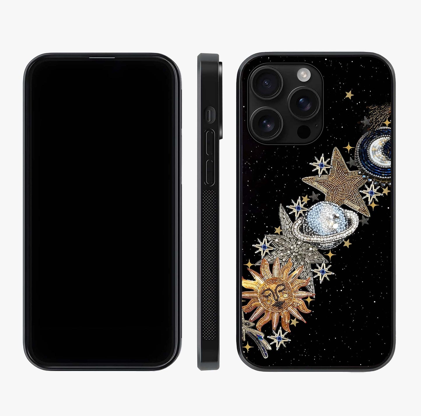 Pearls Universe Object Glass Case displayed upright for full design visibility and premium finish.