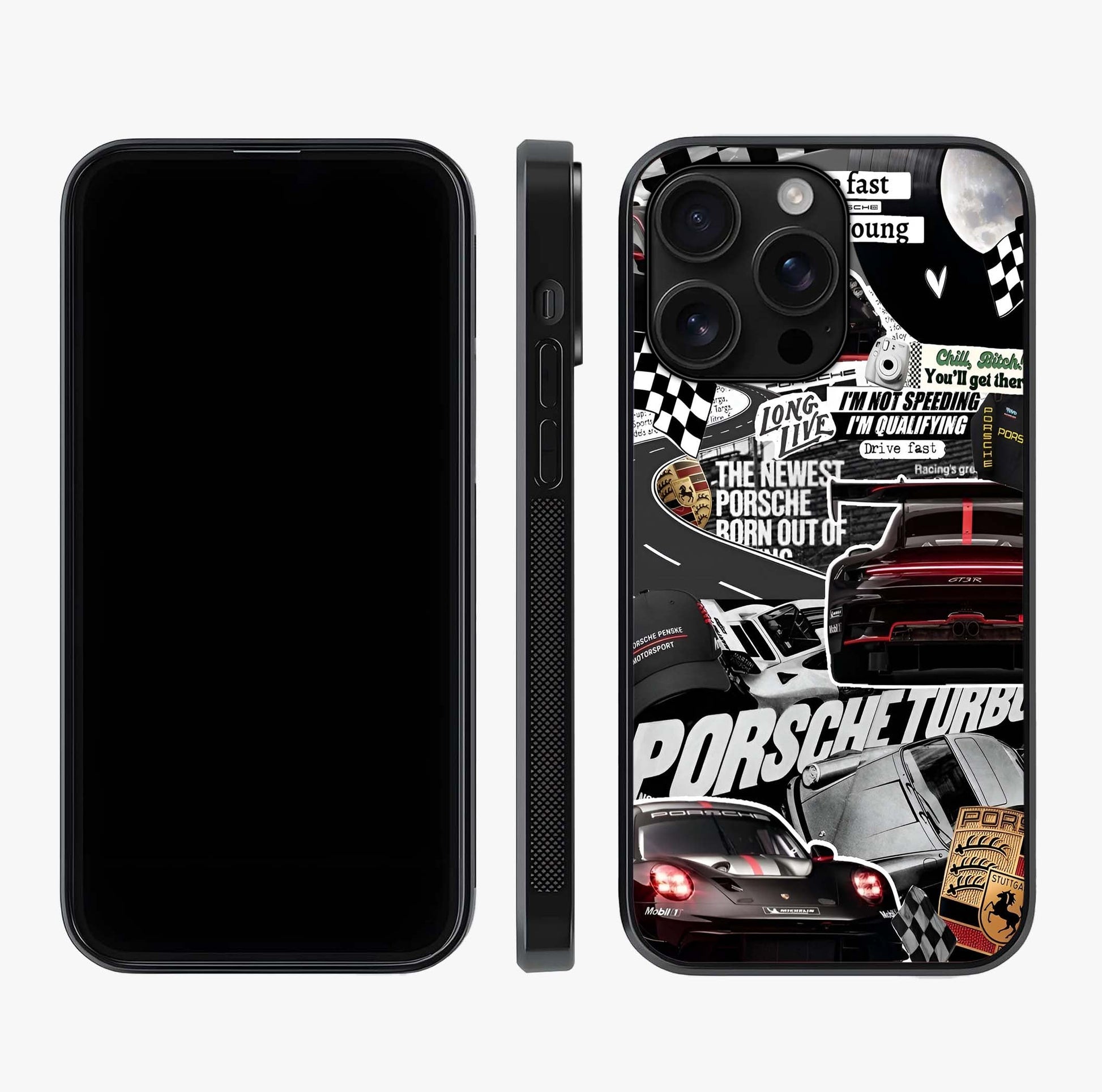 Porsche Racing Collage Glass Case displayed upright for full design visibility and premium finish.