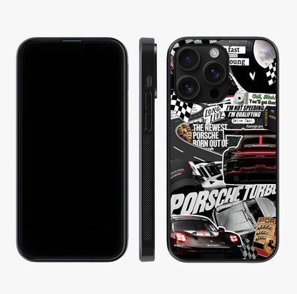 Porsche Racing Collage Glass Case displayed upright for full design visibility and premium finish.