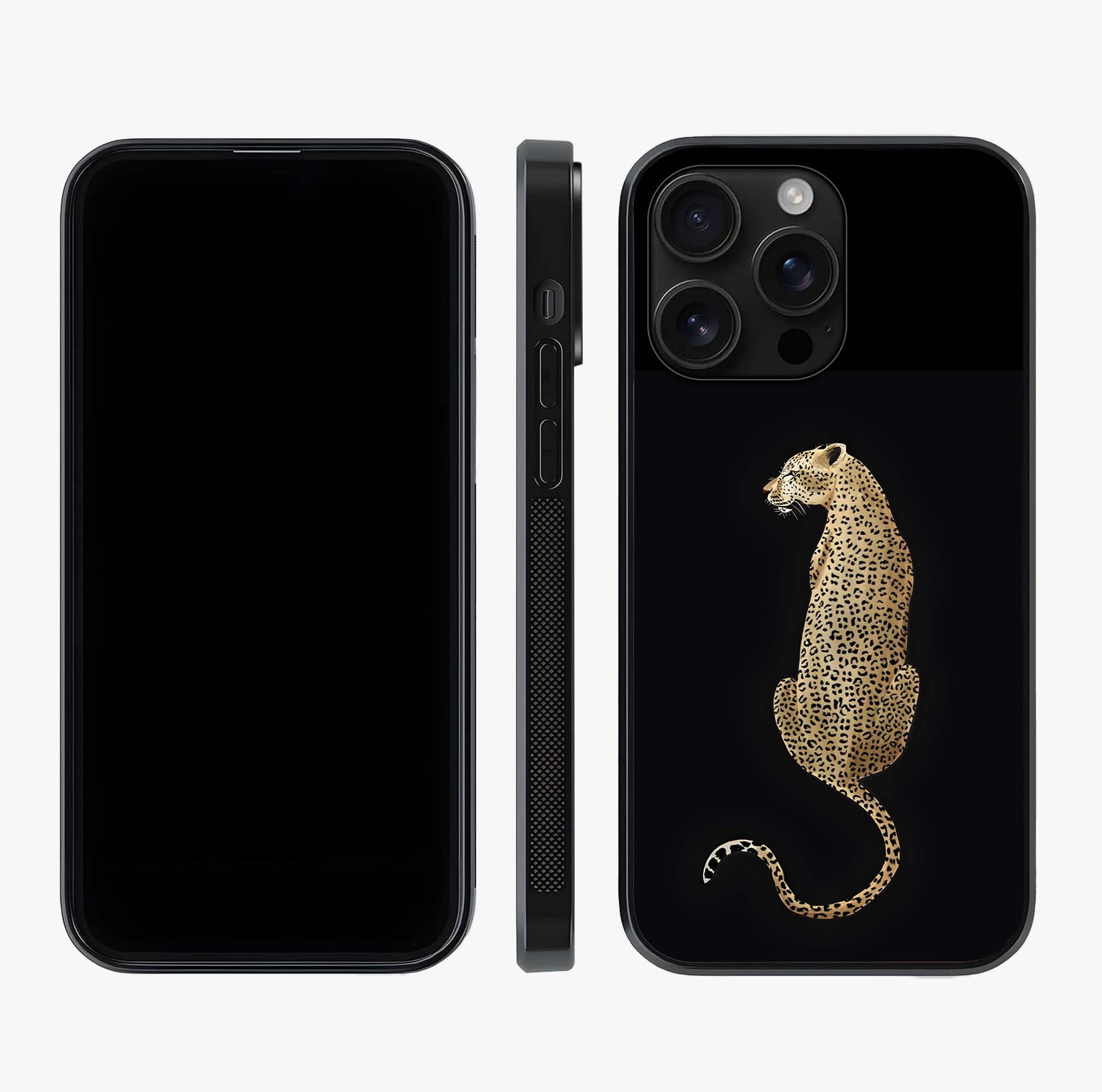 Regal Leopard Glass Case displayed upright for full design visibility and premium finish.
