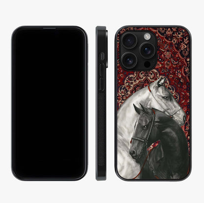 Regal Stallion Tapestry Glass Case displayed upright for full design visibility and premium finish.