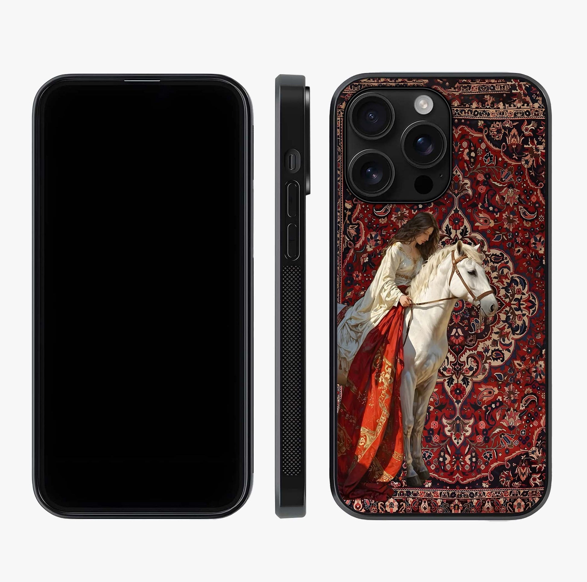 Royal Rider Tapestry Glass Case displayed upright for full design visibility and premium finish.
