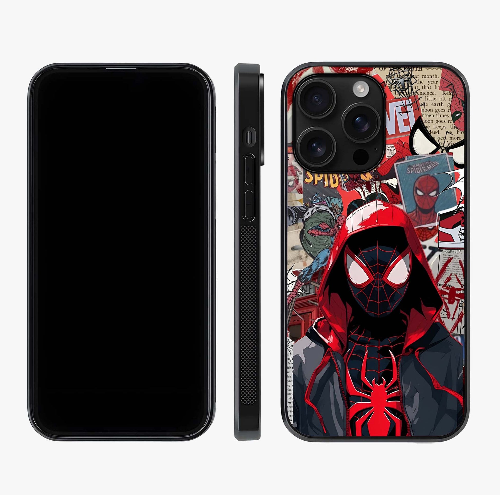 Spider Collage Street Glass Case displayed upright for full design visibility and premium finish.