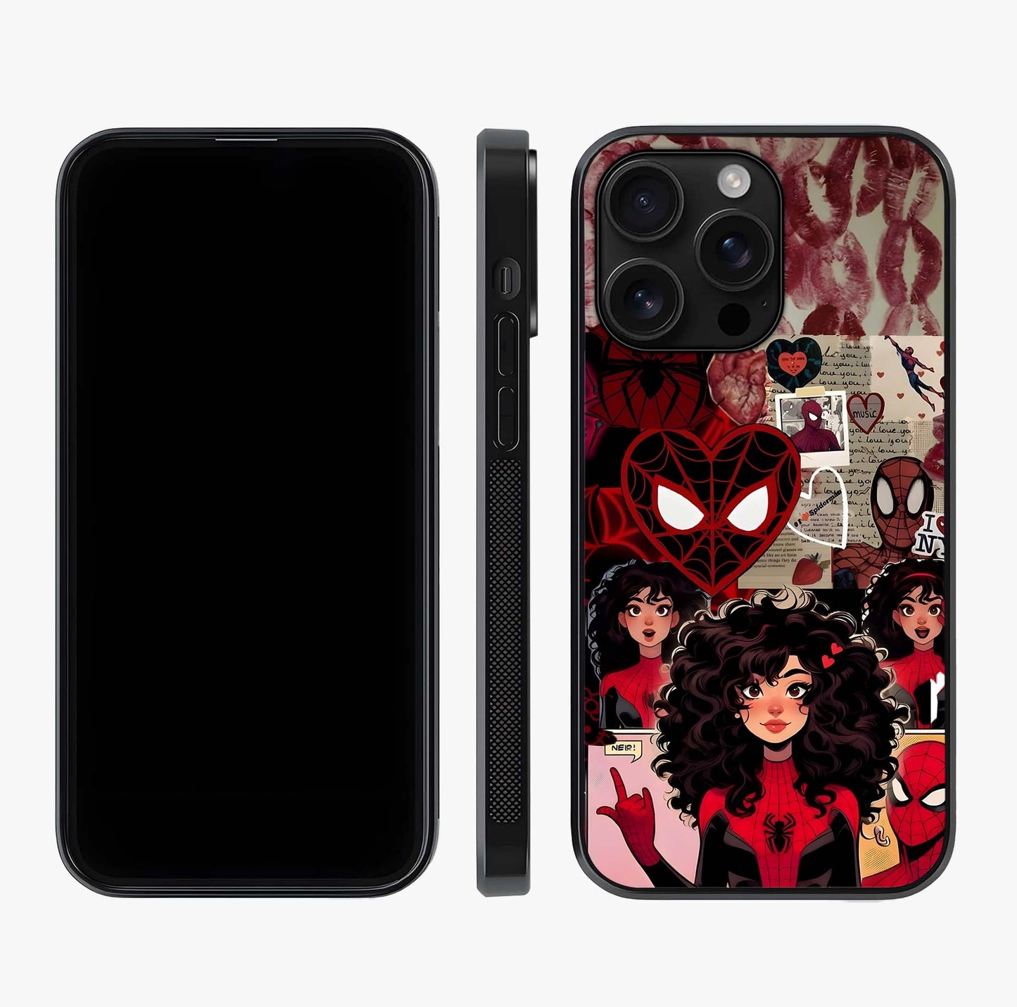 Spider Love Story Glass Case displayed upright for full design visibility and premium finish.