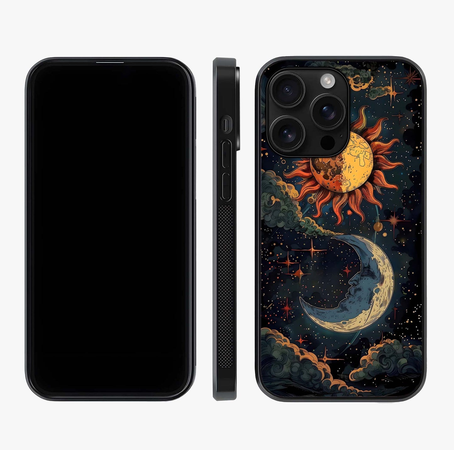 Sun And Moon Magic Design Glass Case displayed upright for full design visibility and premium finish.