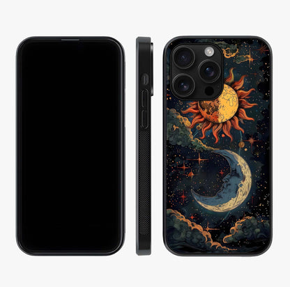 Sun And Moon Magic Design Glass Case displayed upright for full design visibility and premium finish.