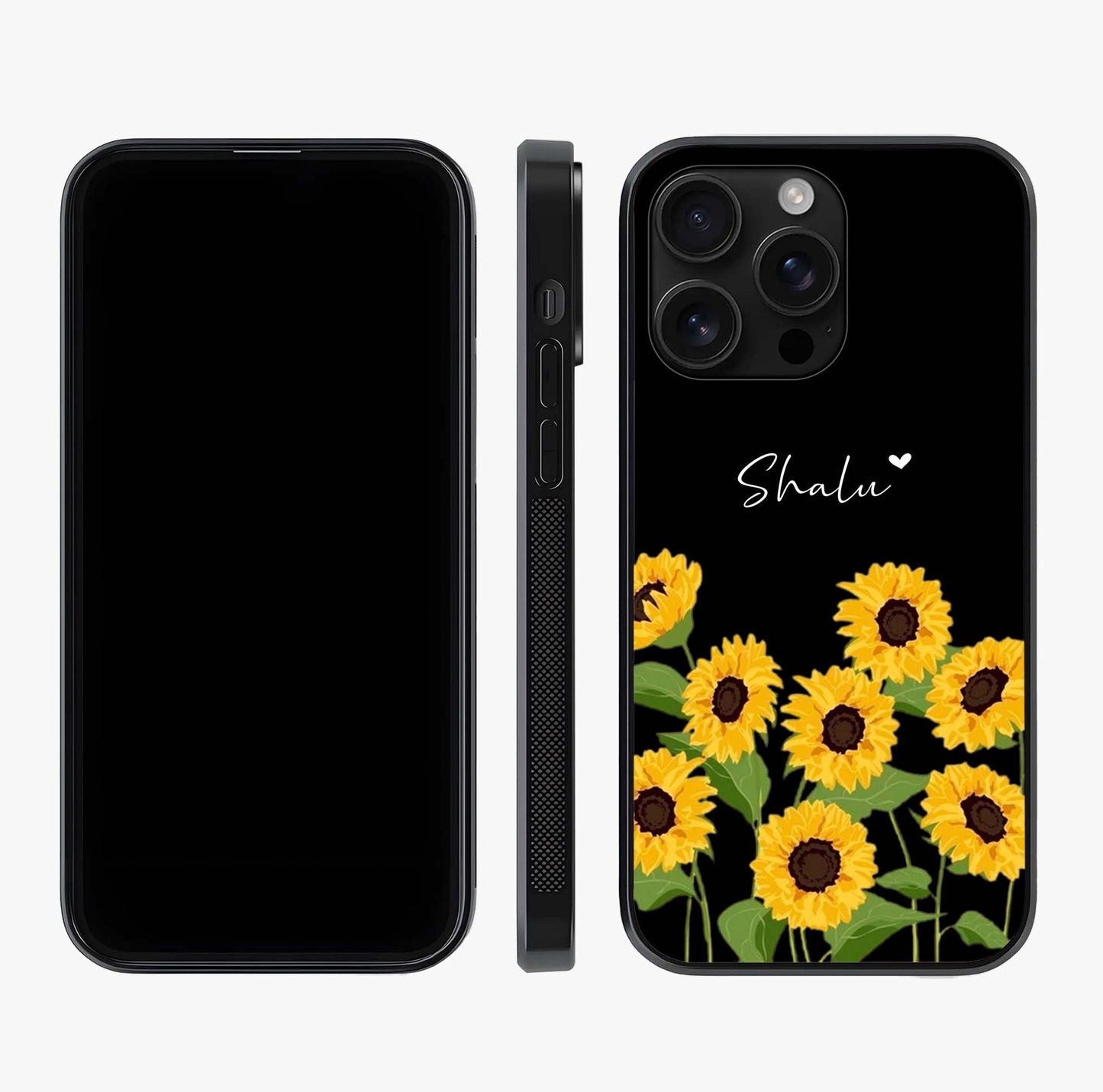 Sunflower Chic Mood Custom Name Glass Case displayed upright for full design visibility and premium finish.