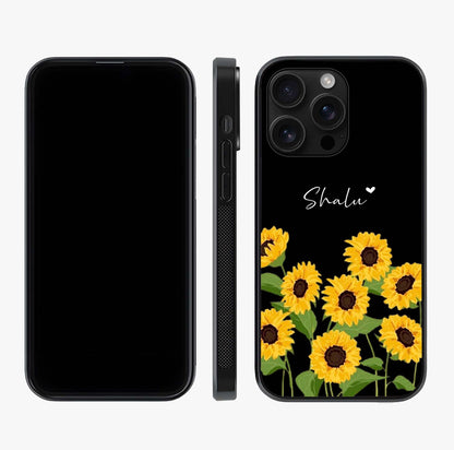 Sunflower Chic Mood Custom Name Glass Case displayed upright for full design visibility and premium finish.