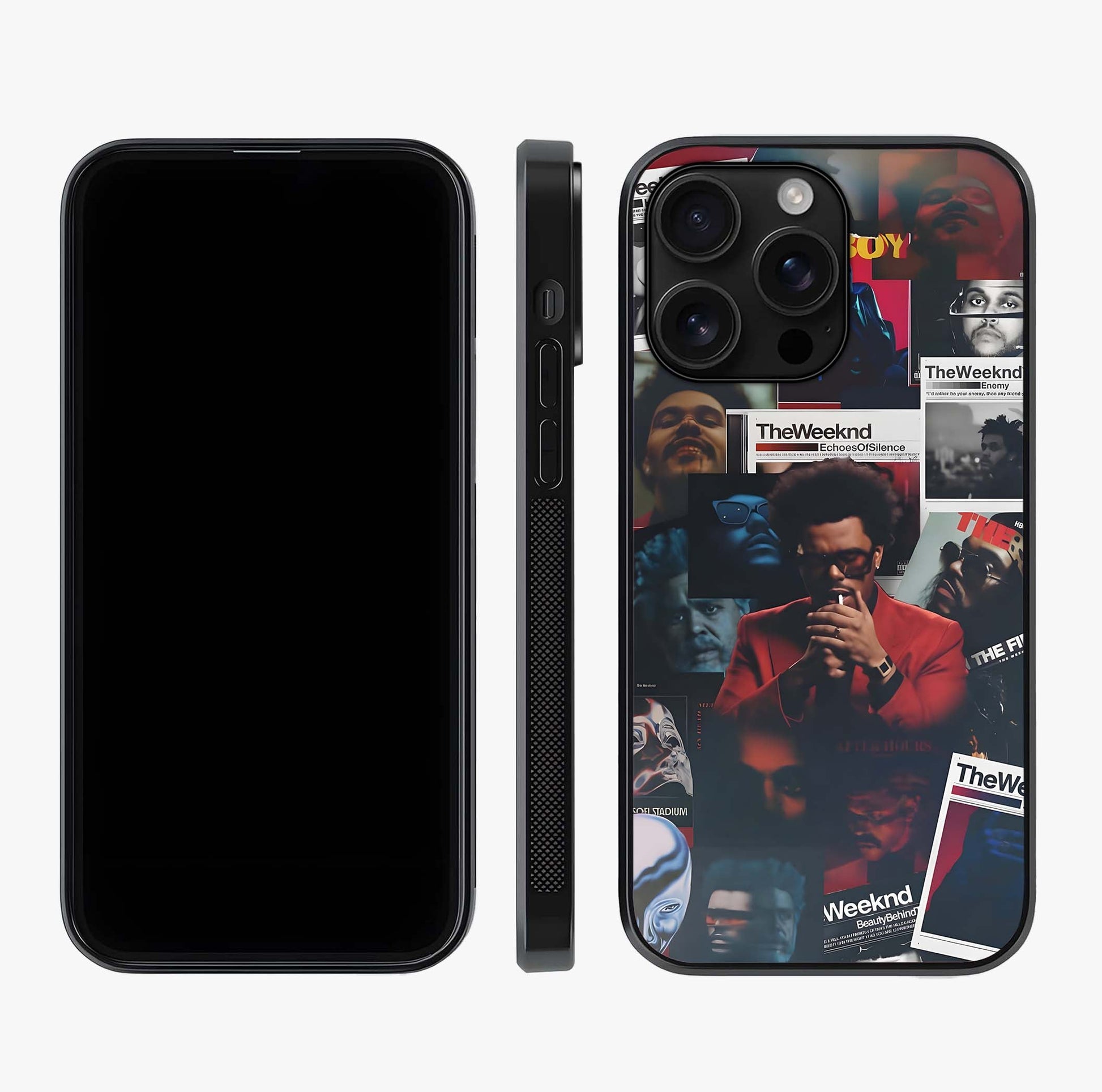 The Weeknd Glass Case displayed upright for full design visibility and premium finish.
