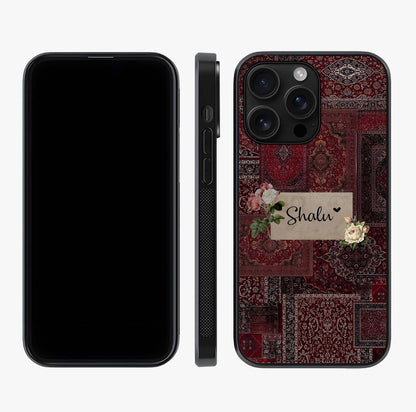 Velvet Wine Pattern Custom Name Glass Case displayed upright for full design visibility and premium finish.