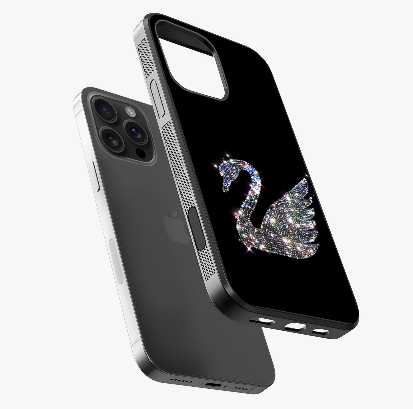 Starlit Swan Grace Glass Case laid diagonally highlighting side profile, edges and glossy glass shine.