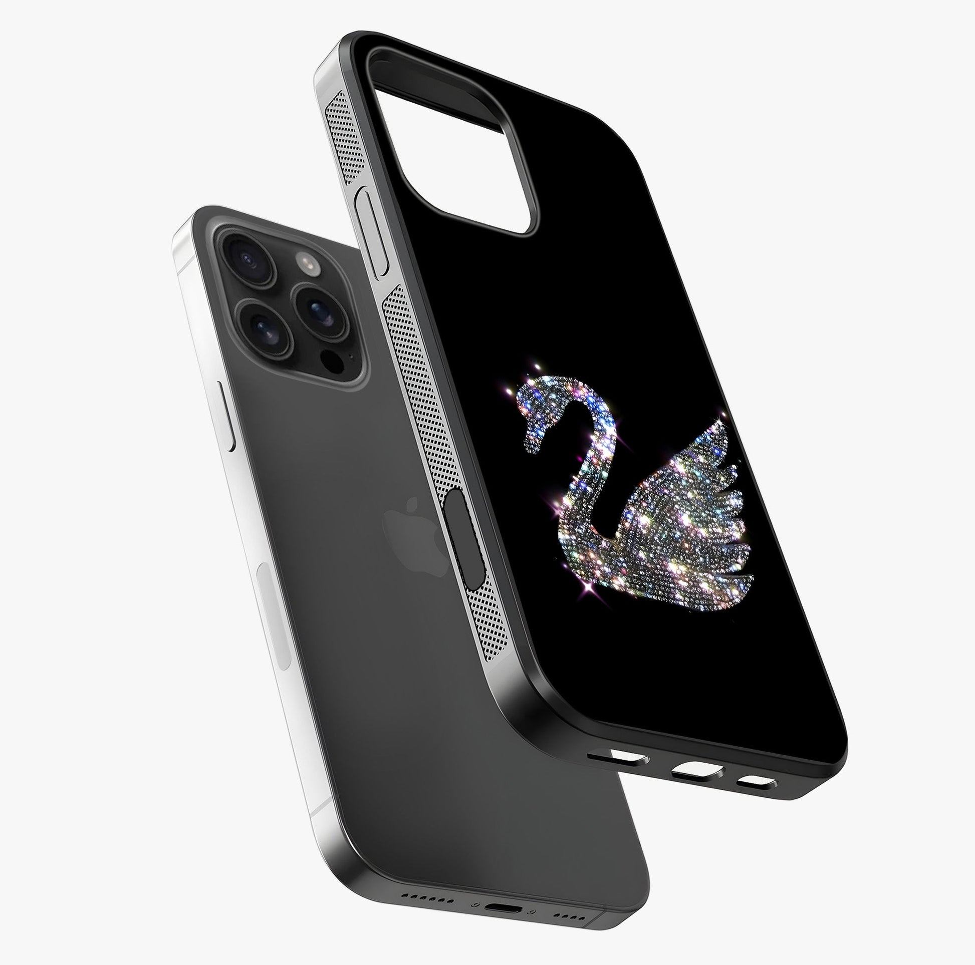 Starlit Swan Grace Glass Case laid diagonally highlighting side profile, edges and glossy glass shine.