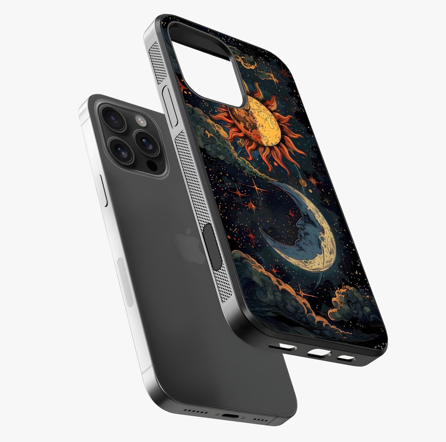 Sun And Moon Magic Design Glass Case laid diagonally highlighting side profile, edges and glossy glass shine.