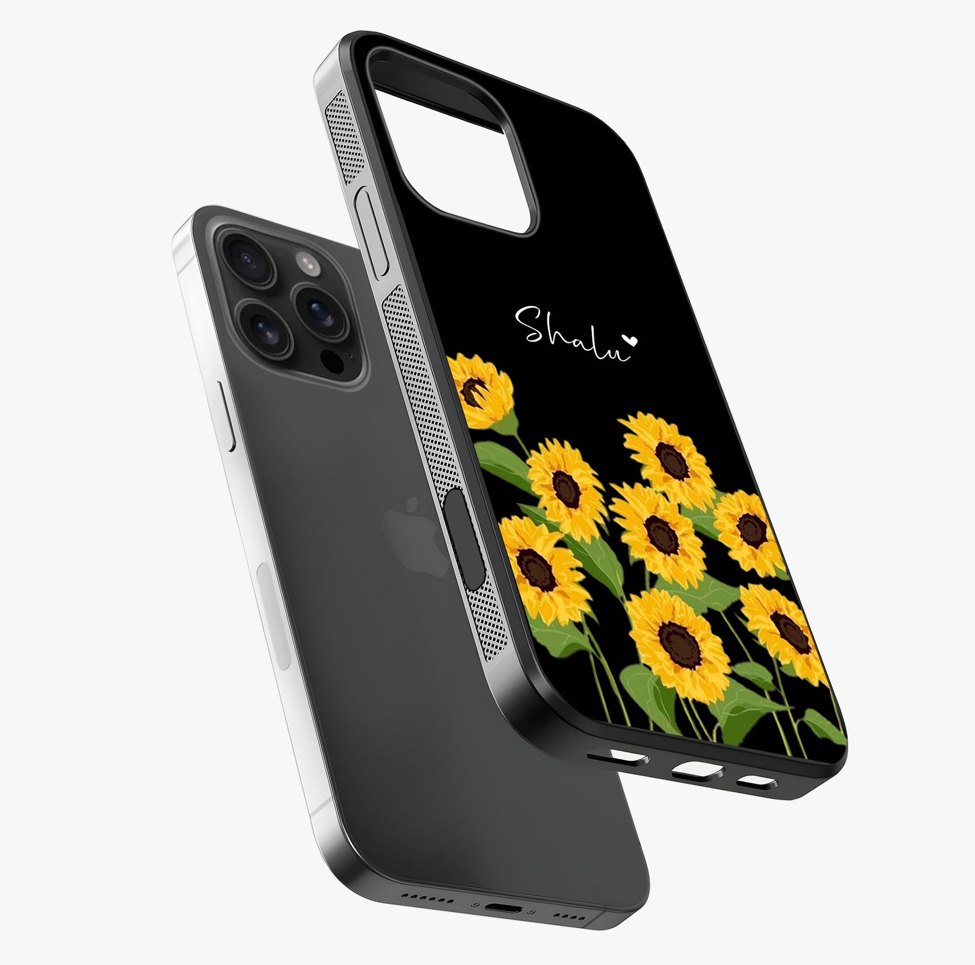 Sunflower Chic Mood Custom Name Glass Case laid diagonally highlighting side profile, edges and glossy glass shine.
