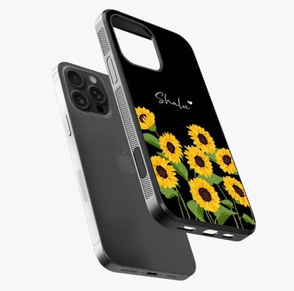 Sunflower Chic Mood Custom Name Glass Case laid diagonally highlighting side profile, edges and glossy glass shine.