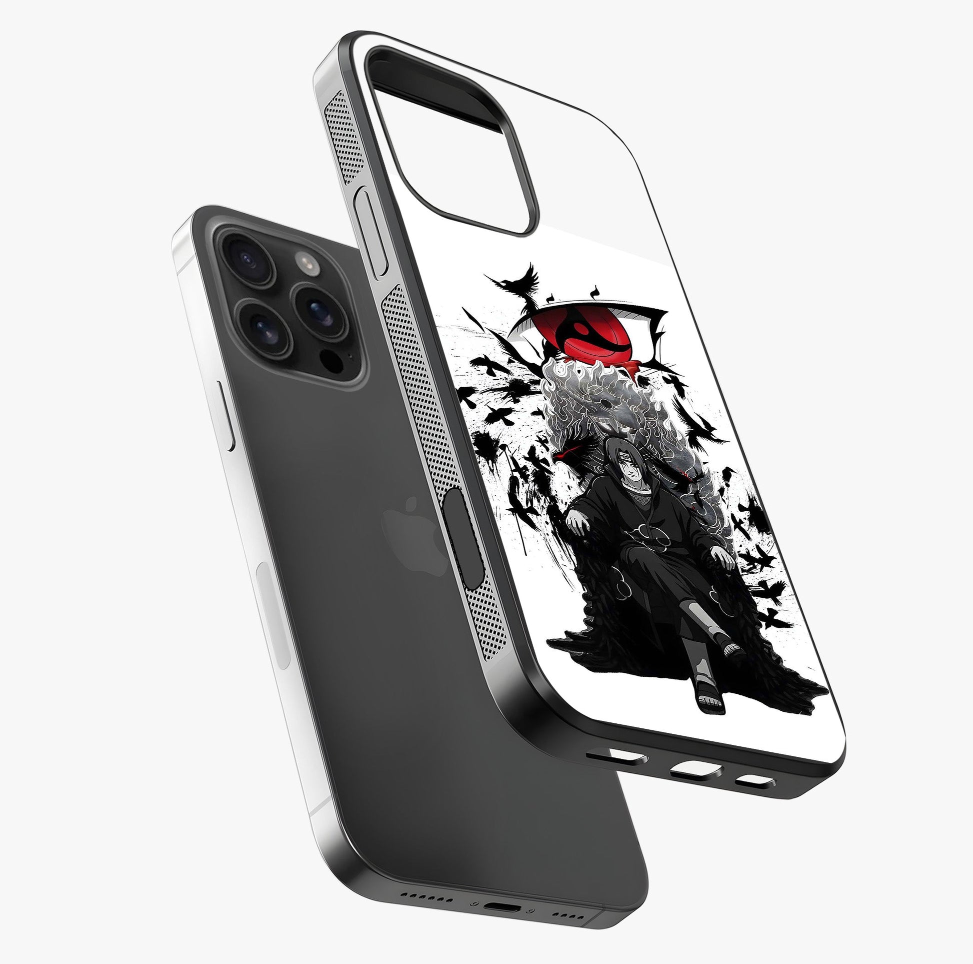 Uchiha Shadow Throne Glass Case laid diagonally highlighting side profile, edges and glossy glass shine.