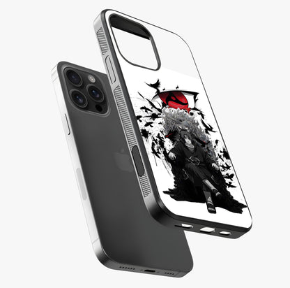 Uchiha Shadow Throne Glass Case laid diagonally highlighting side profile, edges and glossy glass shine.