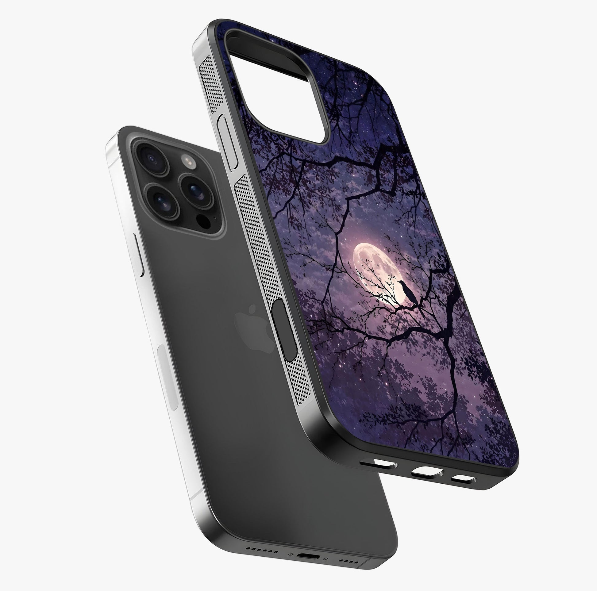 Whispering Moon Silence Glass Case laid diagonally highlighting side profile, edges and glossy glass shine.