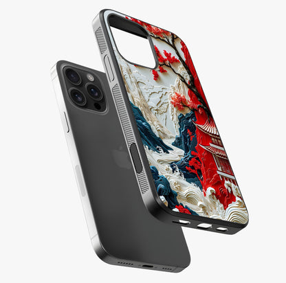 Whispers Of Sakura Waves Glass Case laid diagonally highlighting side profile, edges and glossy glass shine.