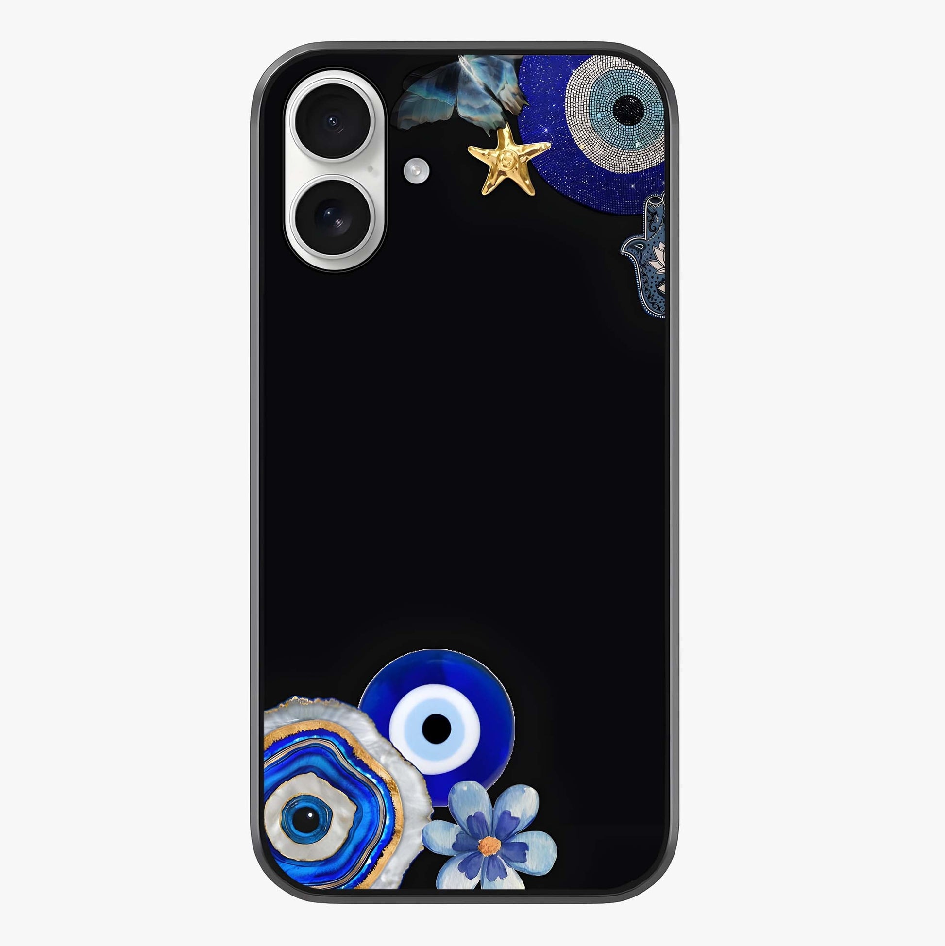 Aesthetic Blue Evil Eye Glass Case showing full back design in clean flat view with glossy glass finish.