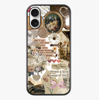 Aesthetic Brown Vintage Collage Glass Case showing full back design in clean flat view with glossy glass finish.